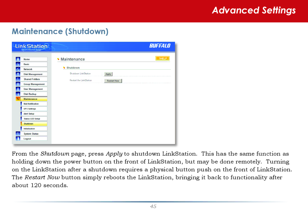 Buffalo Technology LinkStation Pro user manual Maintenance Shutdown 