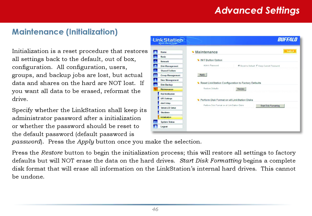 Buffalo Technology LinkStation Pro user manual Maintenance Initialization 