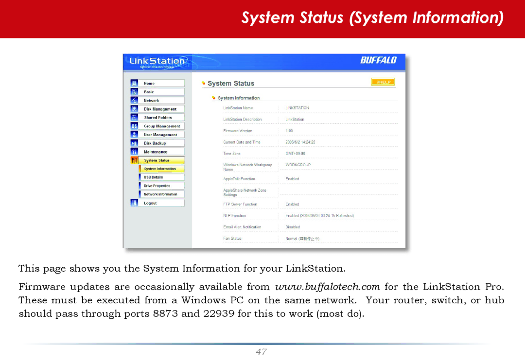 Buffalo Technology LinkStation Pro user manual System Status System Information 