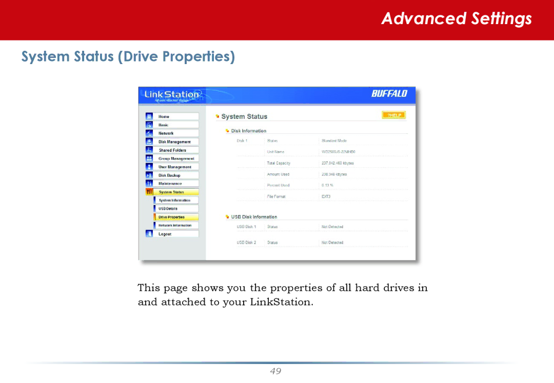 Buffalo Technology LinkStation Pro user manual System Status Drive Properties 