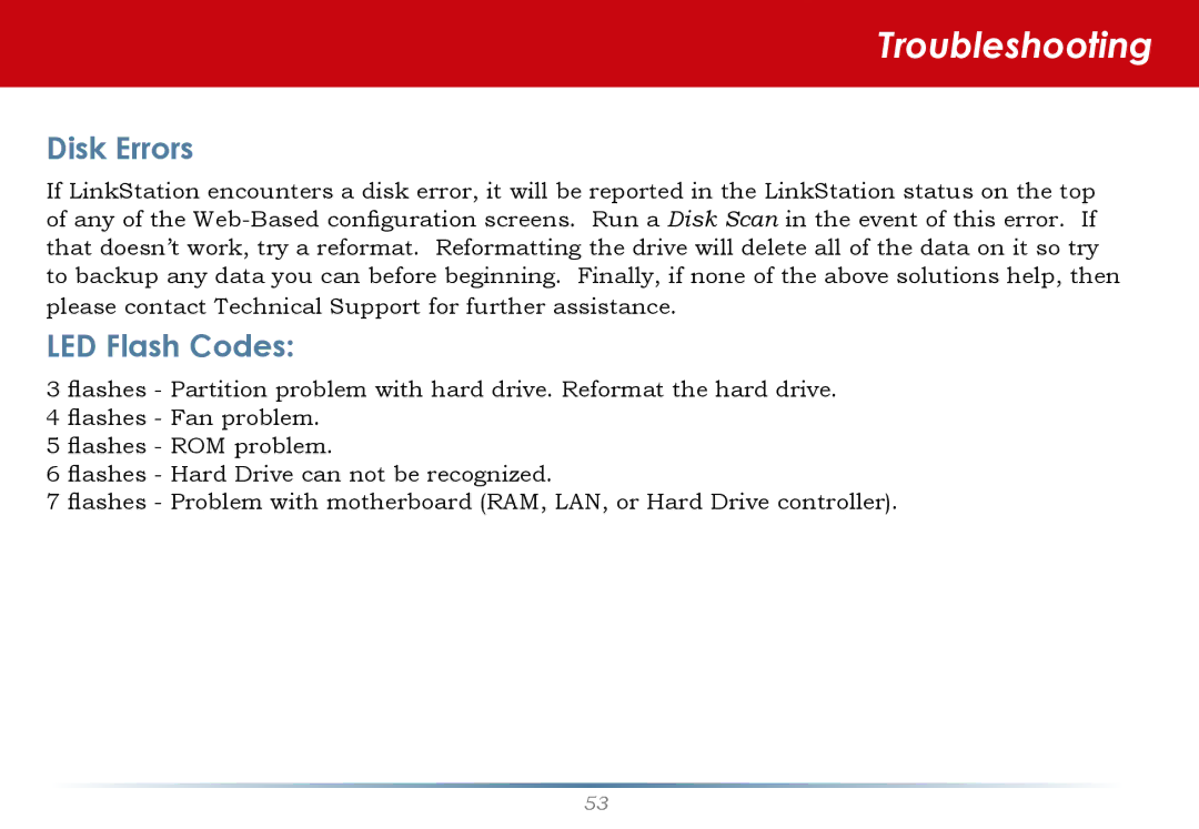 Buffalo Technology LinkStation Pro user manual Troubleshooting, Disk Errors, LED Flash Codes 