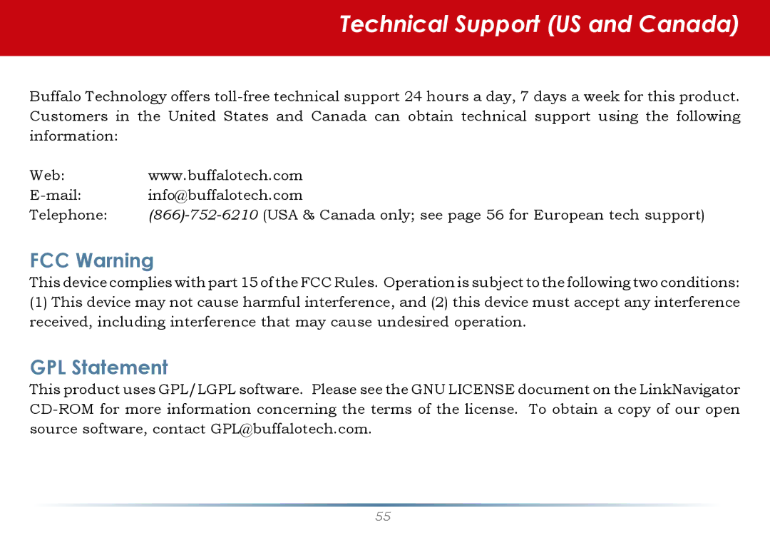 Buffalo Technology LinkStation Pro user manual Technical Support US and Canada, FCC Warning, GPL Statement 