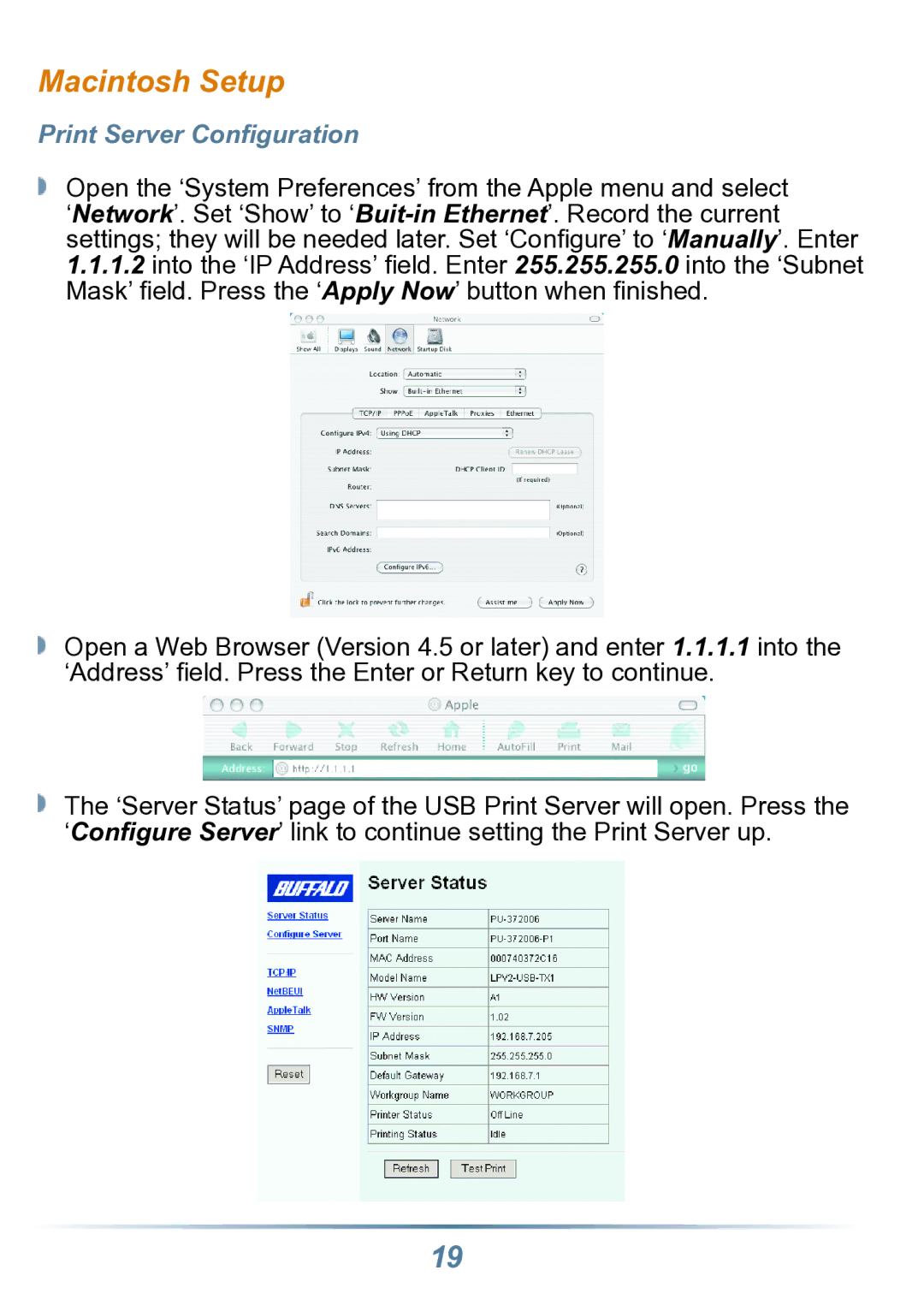 Buffalo Technology LPV2-USB-TX1 user manual Macintosh Setup 