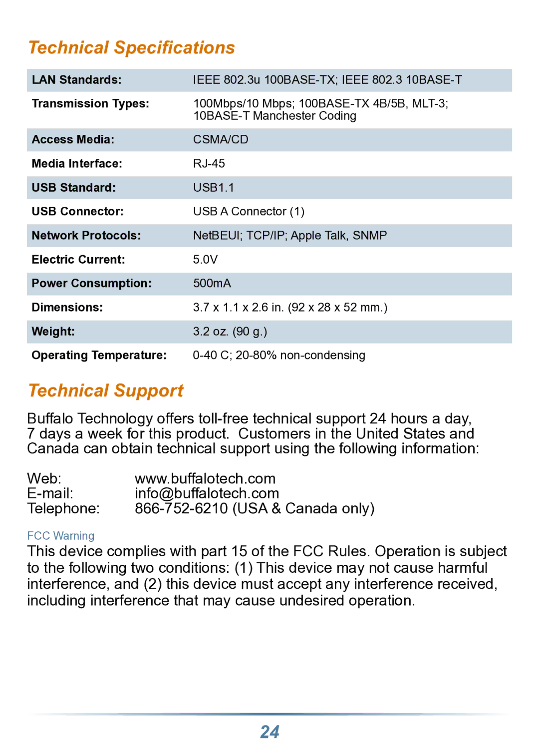 Buffalo Technology LPV2-USB-TX1 user manual Technical Speciﬁcations, Technical Support 