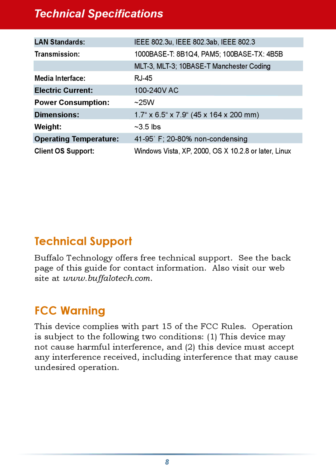 Buffalo Technology LS-LGL manual Technical Specifications, Technical Support FCC Warning 