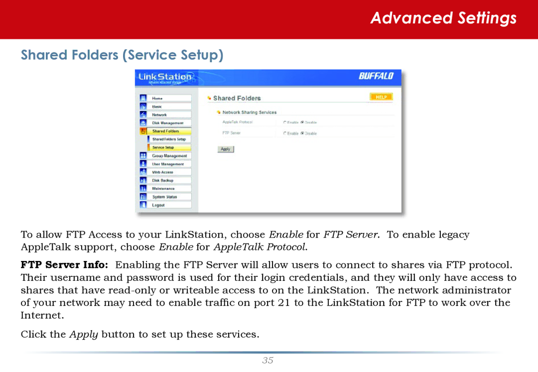 Buffalo Technology LS-WTGL/R1 manual Shared Folders Service Setup 