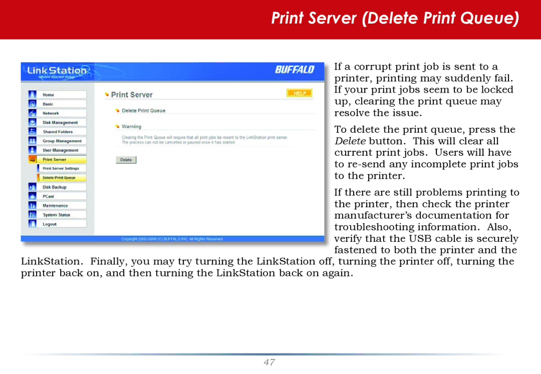 Buffalo Technology LS-WTGL/R1 manual Print Server Delete Print Queue 