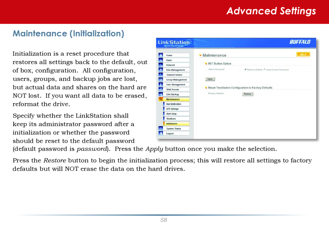 Buffalo Technology LS-WTGL/R1 manual Maintenance Initialization 