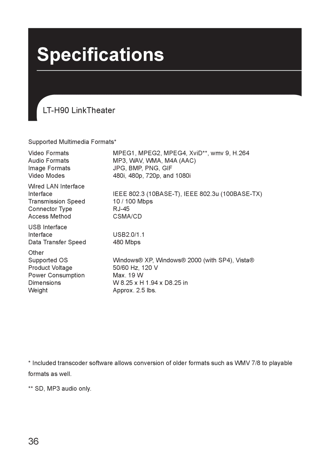 Buffalo Technology manual Specifications, LT-H90 LinkTheater 