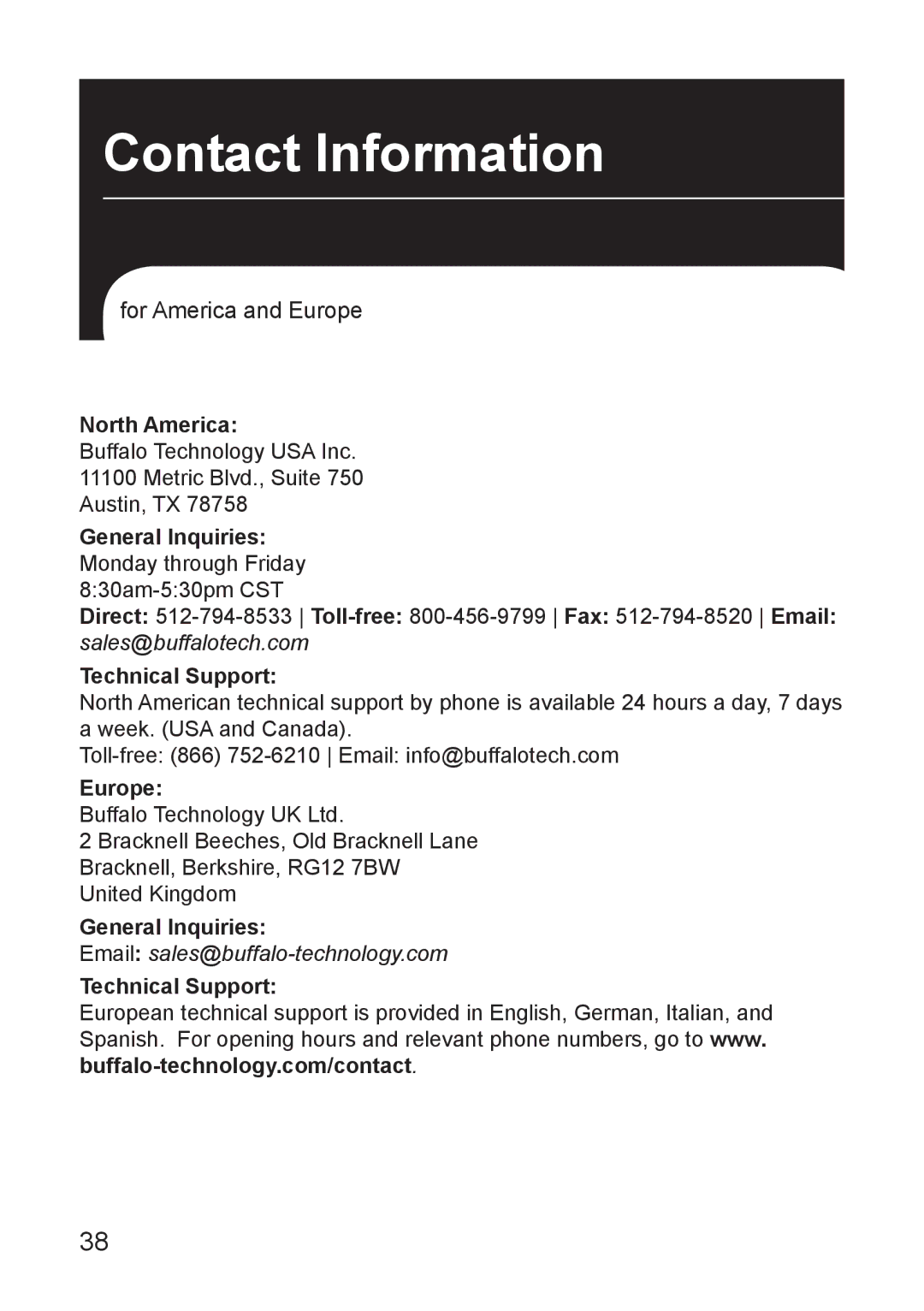 Buffalo Technology LT-H90 manual Contact Information, For America and Europe 