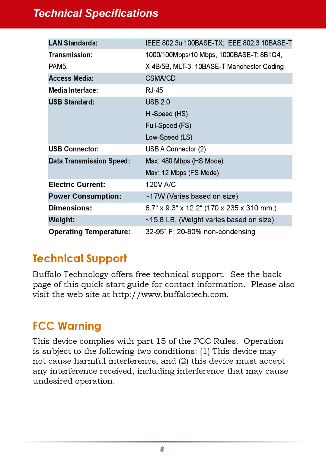 Buffalo Technology none setup guide Technical Specifications, Technical Support FCC Warning 