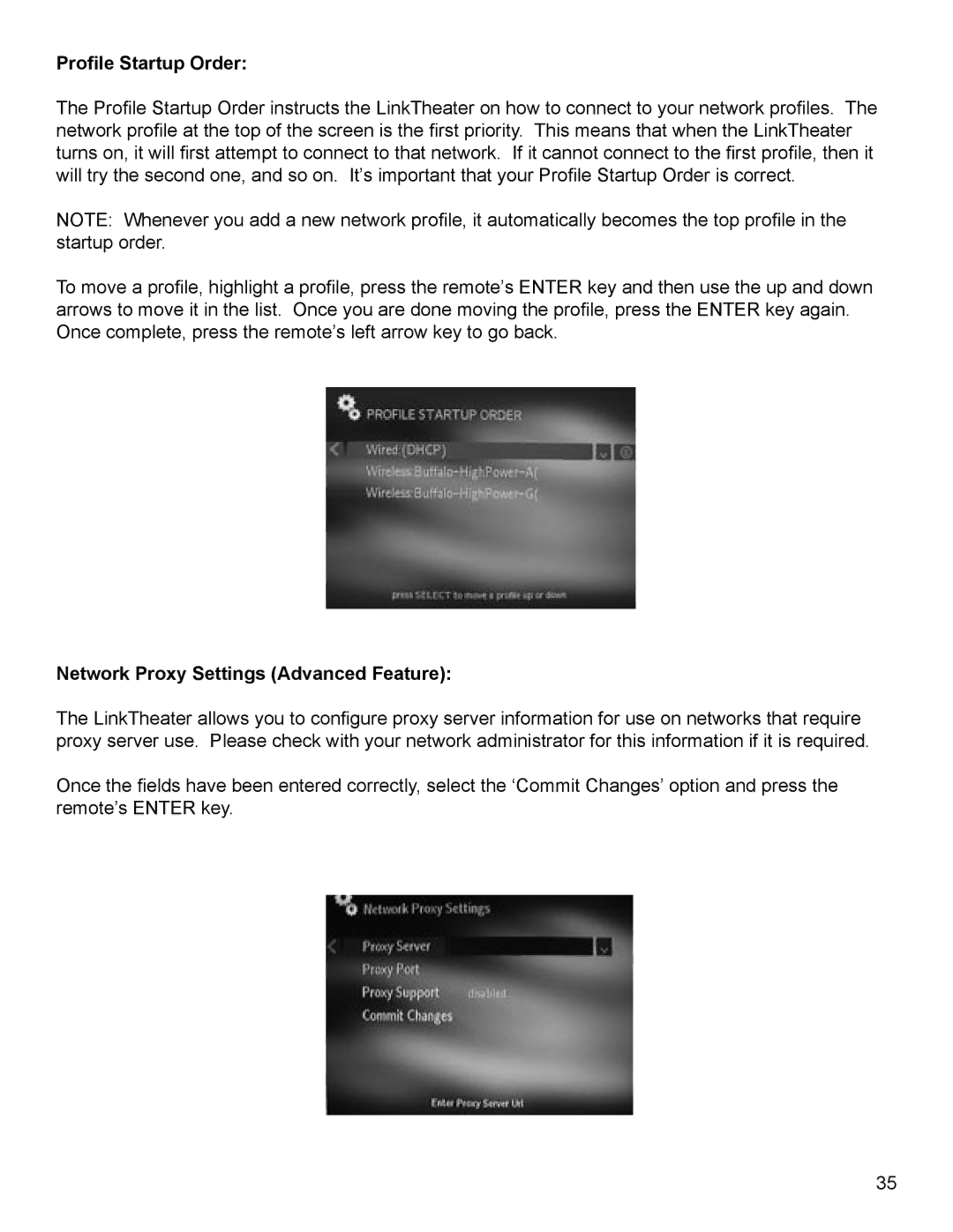 Buffalo Technology P4LWAG manual Profile Startup Order, Network Proxy Settings Advanced Feature 