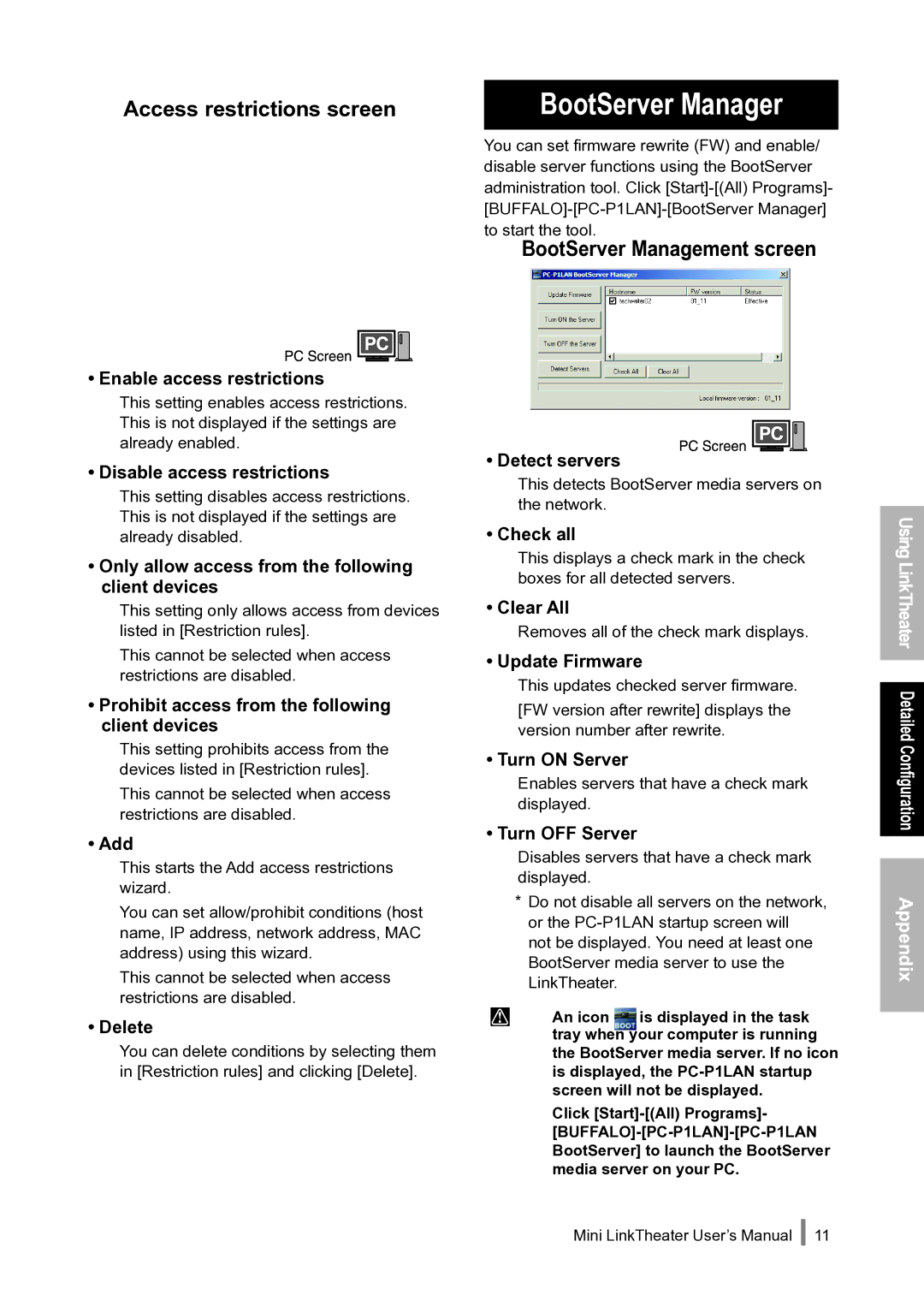 Buffalo Technology PC-P1LAN user manual Access restrictions screen, BootServer Management screen 