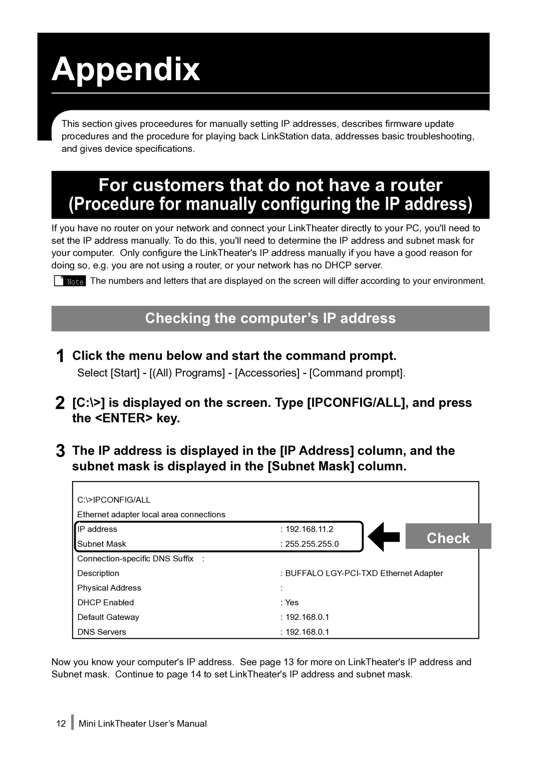 Buffalo Technology PC-P1LAN user manual Appendix, Click the menu below and start the command prompt 