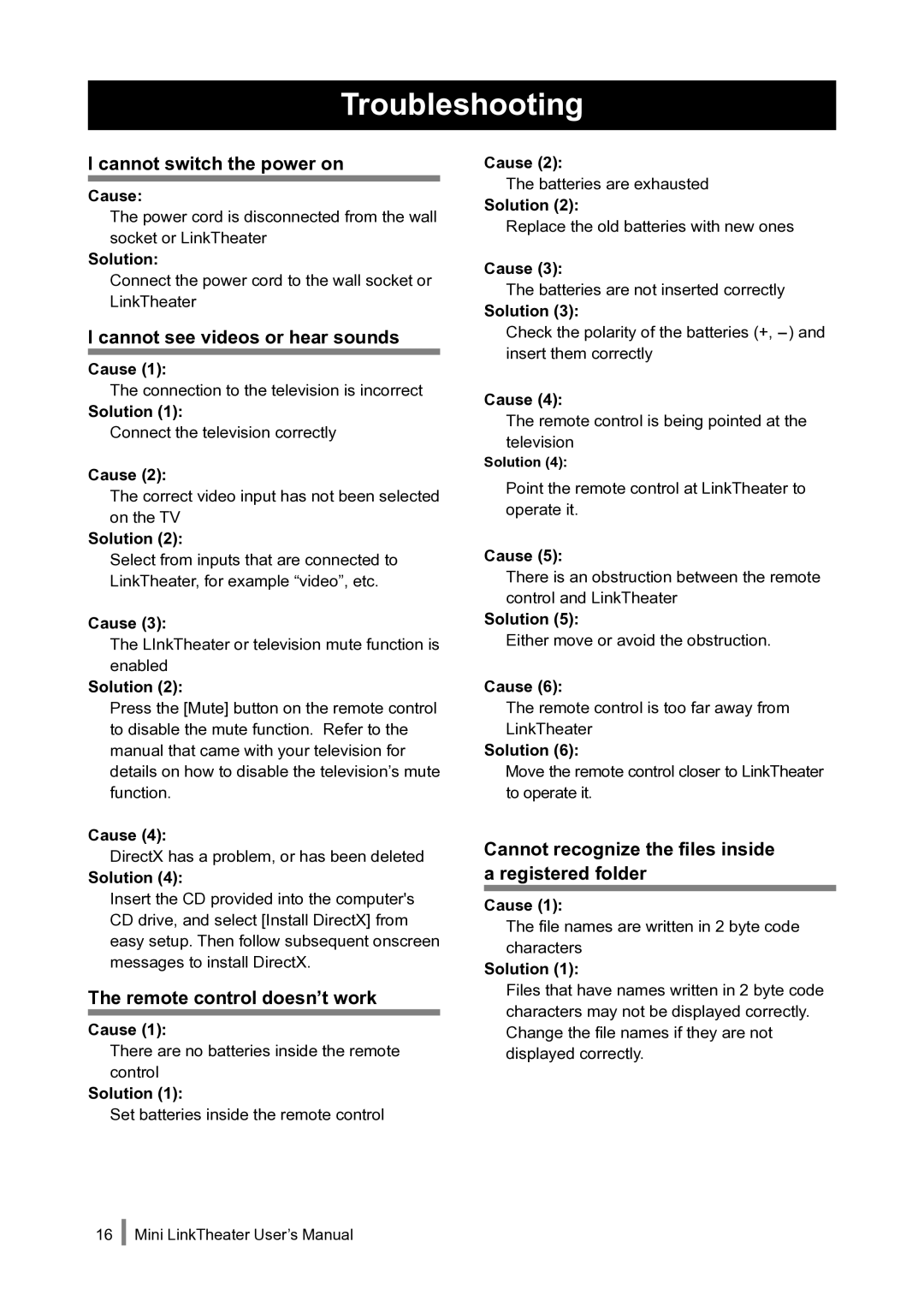 Buffalo Technology PC-P1LAN user manual Troubleshooting, Cannot switch the power on, Cannot see videos or hear sounds 