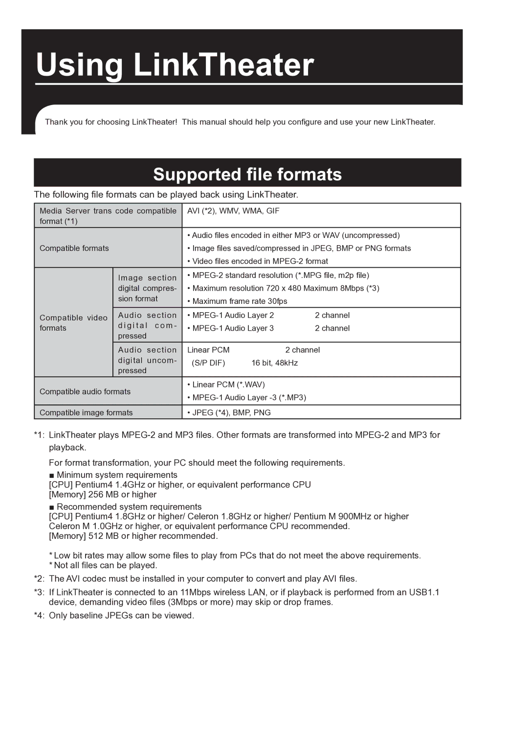 Buffalo Technology PC-P1LAN user manual Using LinkTheater, Supported file formats 