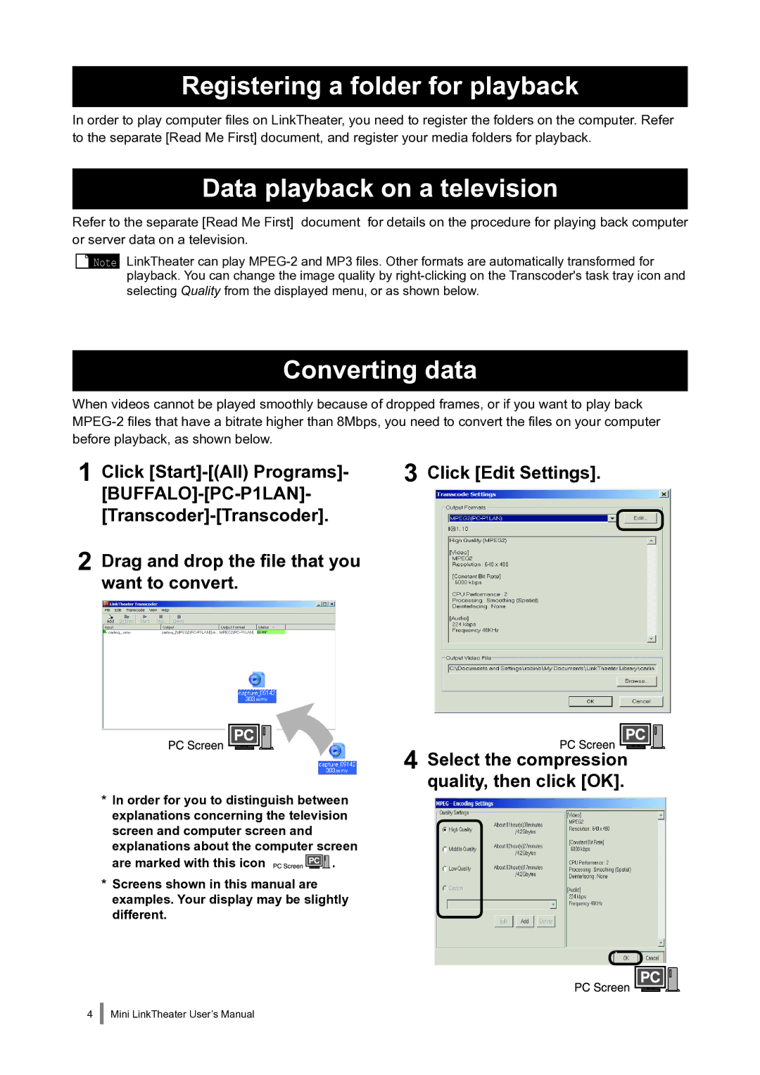 Buffalo Technology PC-P1LAN user manual Registering a folder for playback, Data playback on a television, Converting data 