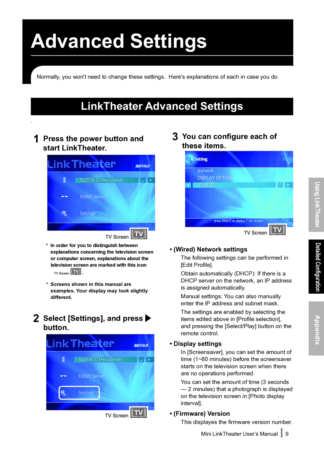 Buffalo Technology PC-P1LAN LinkTheater Advanced Settings, Press the power button and start LinkTheater, Display settings 