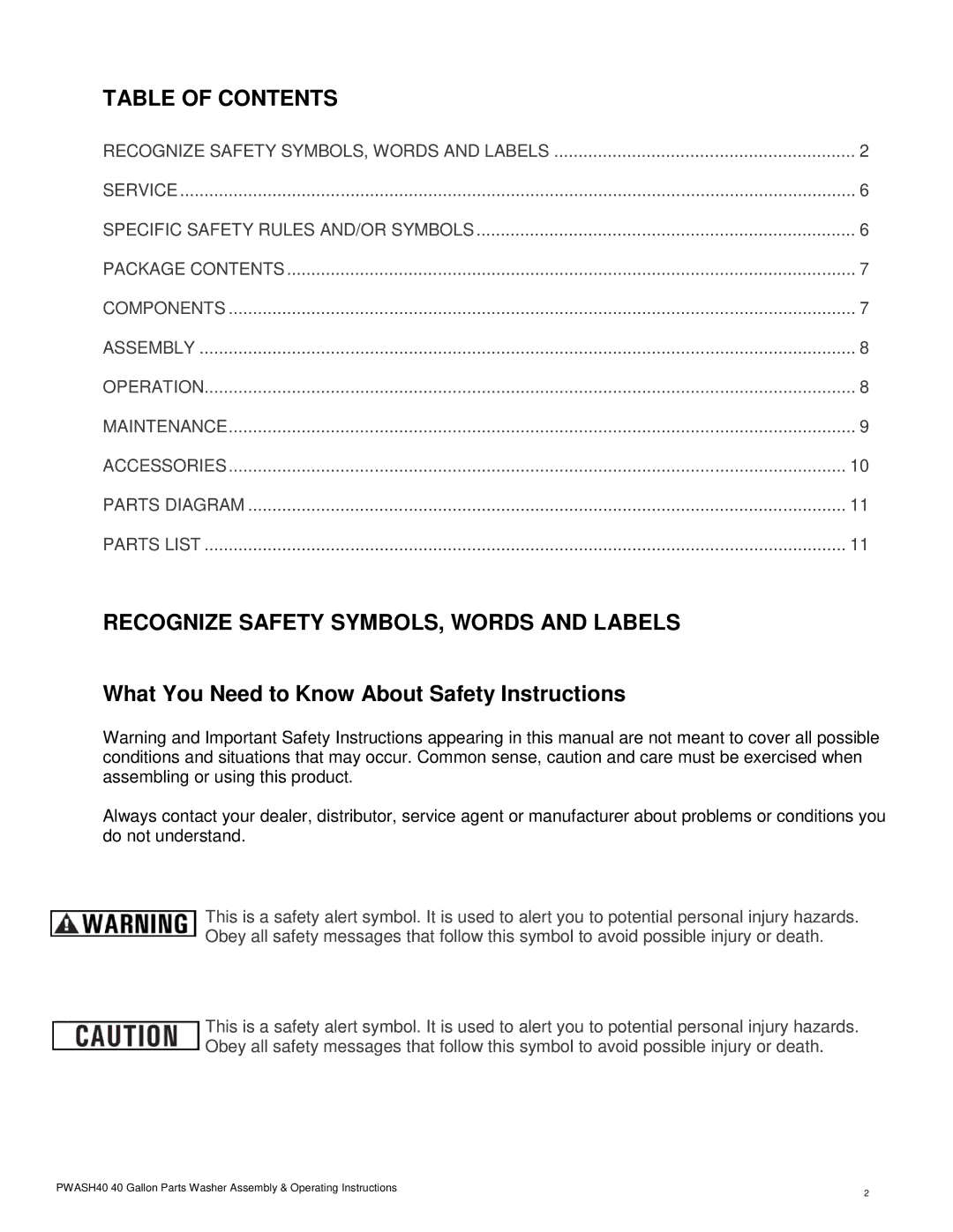 Buffalo Technology PWASH40201407 warranty Table of Contents, Recognize Safety SYMBOLS, Words and Labels 