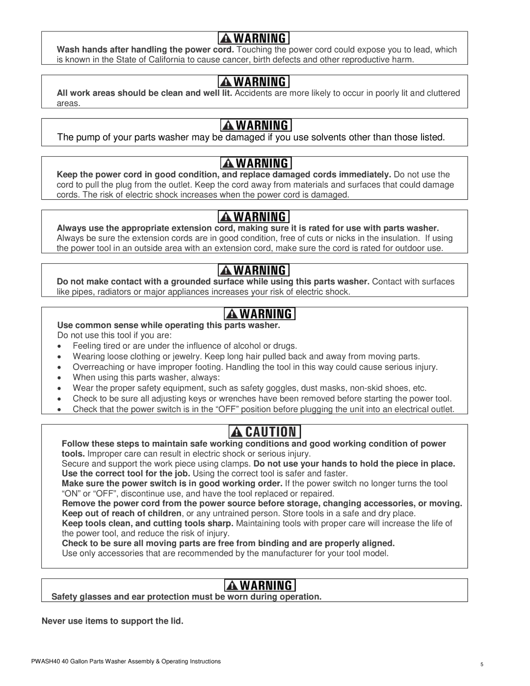 Buffalo Technology PWASH40201407 warranty Use common sense while operating this parts washer 