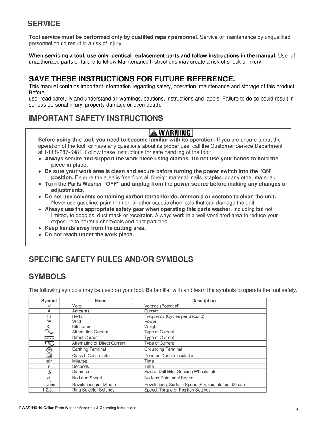 Buffalo Technology PWASH40201407 warranty Service, Important Safety Instructions, Specific Safety Rules AND/OR Symbols 