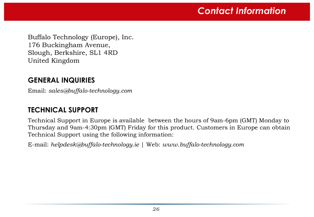 Buffalo Technology Secure Lock Ware user manual Buffalo Technology Europe, Inc 176 Buckingham Avenue, Contact Information 