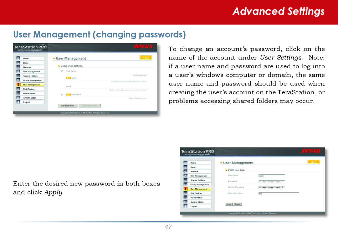 Buffalo Technology TS-HTGL/R5 user manual User Management changing passwords 