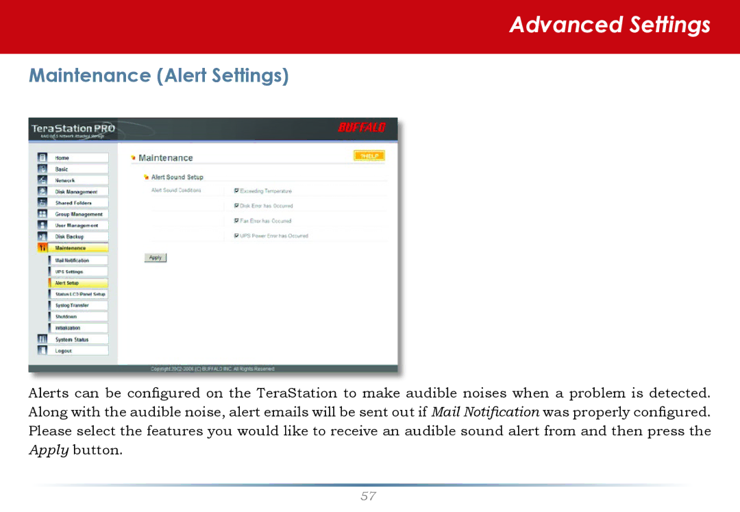 Buffalo Technology TS-HTGL/R5 user manual Maintenance Alert Settings 