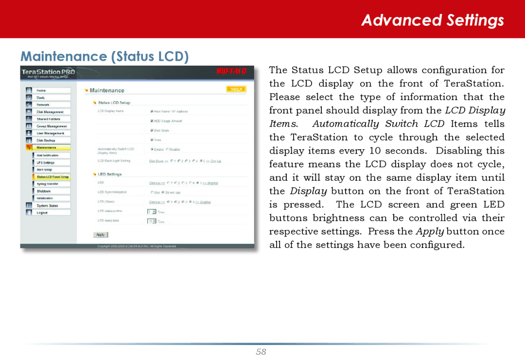 Buffalo Technology TS-HTGL/R5 user manual Maintenance Status LCD 