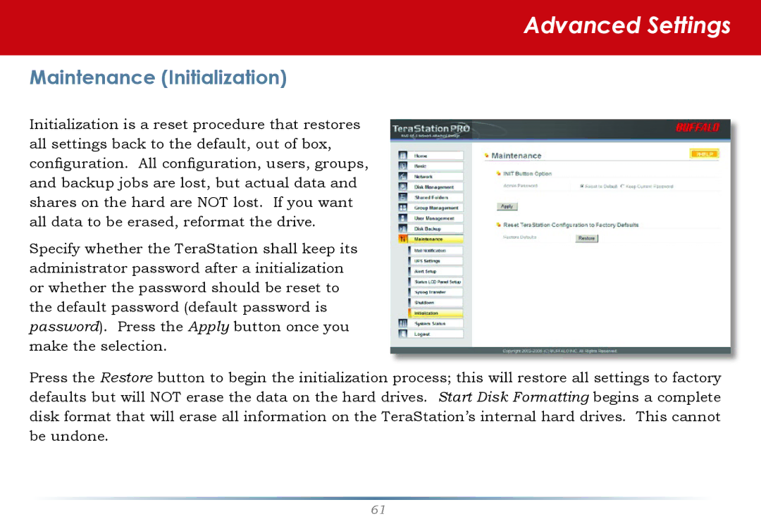 Buffalo Technology TS-HTGL/R5 user manual Maintenance Initialization 