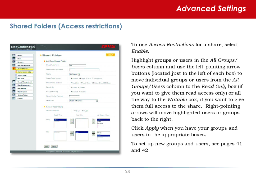 Buffalo Technology TS-RHTGL/R5 user manual Shared Folders Access restrictions, Enable 