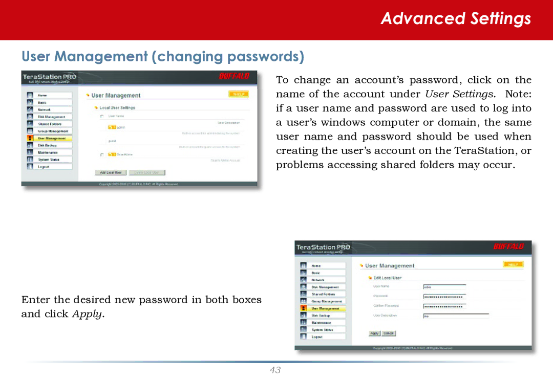 Buffalo Technology TS-RHTGL/R5 user manual User Management changing passwords 