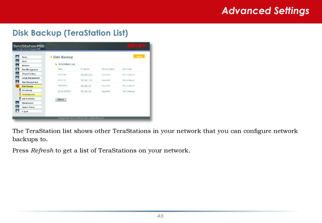 Buffalo Technology TS-RHTGL/R5 user manual Disk Backup TeraStation List 