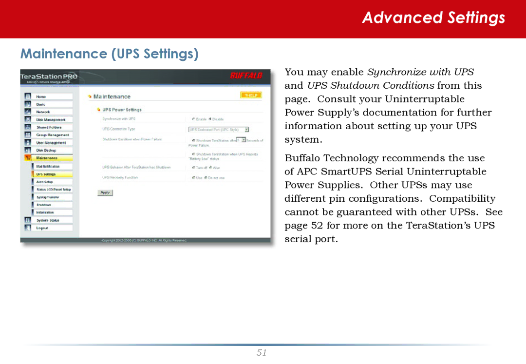 Buffalo Technology TS-RHTGL/R5 user manual Maintenance UPS Settings 