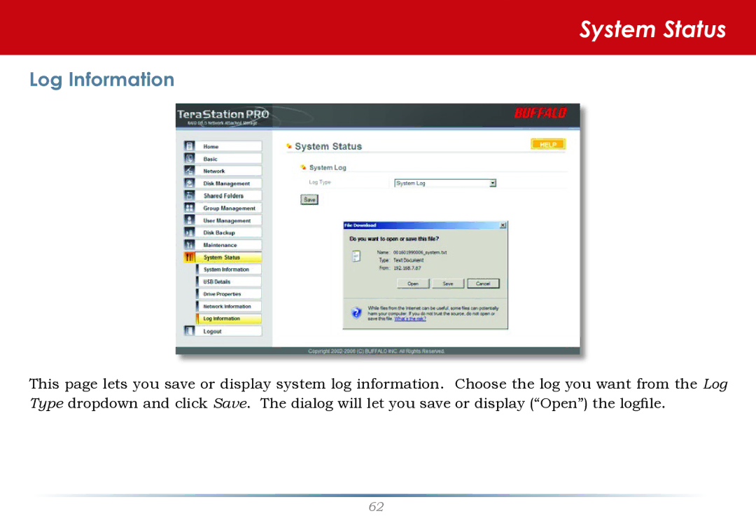 Buffalo Technology TS-RHTGL/R5 user manual System Status, Log Information 