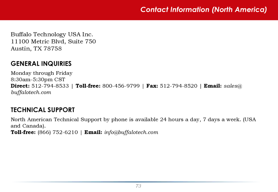 Buffalo Technology TS-RHTGL/R5 user manual Contact Information North America 