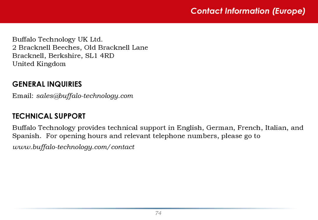 Buffalo Technology TS-RHTGL/R5 user manual Contact Information Europe 