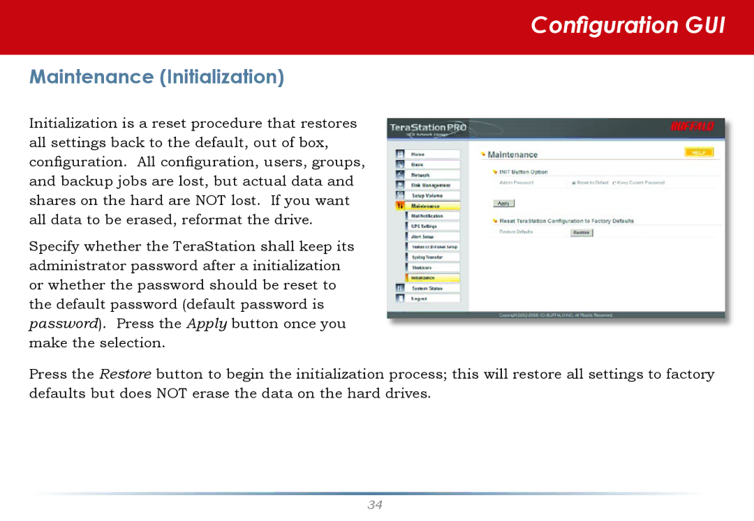 Buffalo Technology TS-RITGL/R5 user manual Maintenance Initialization 