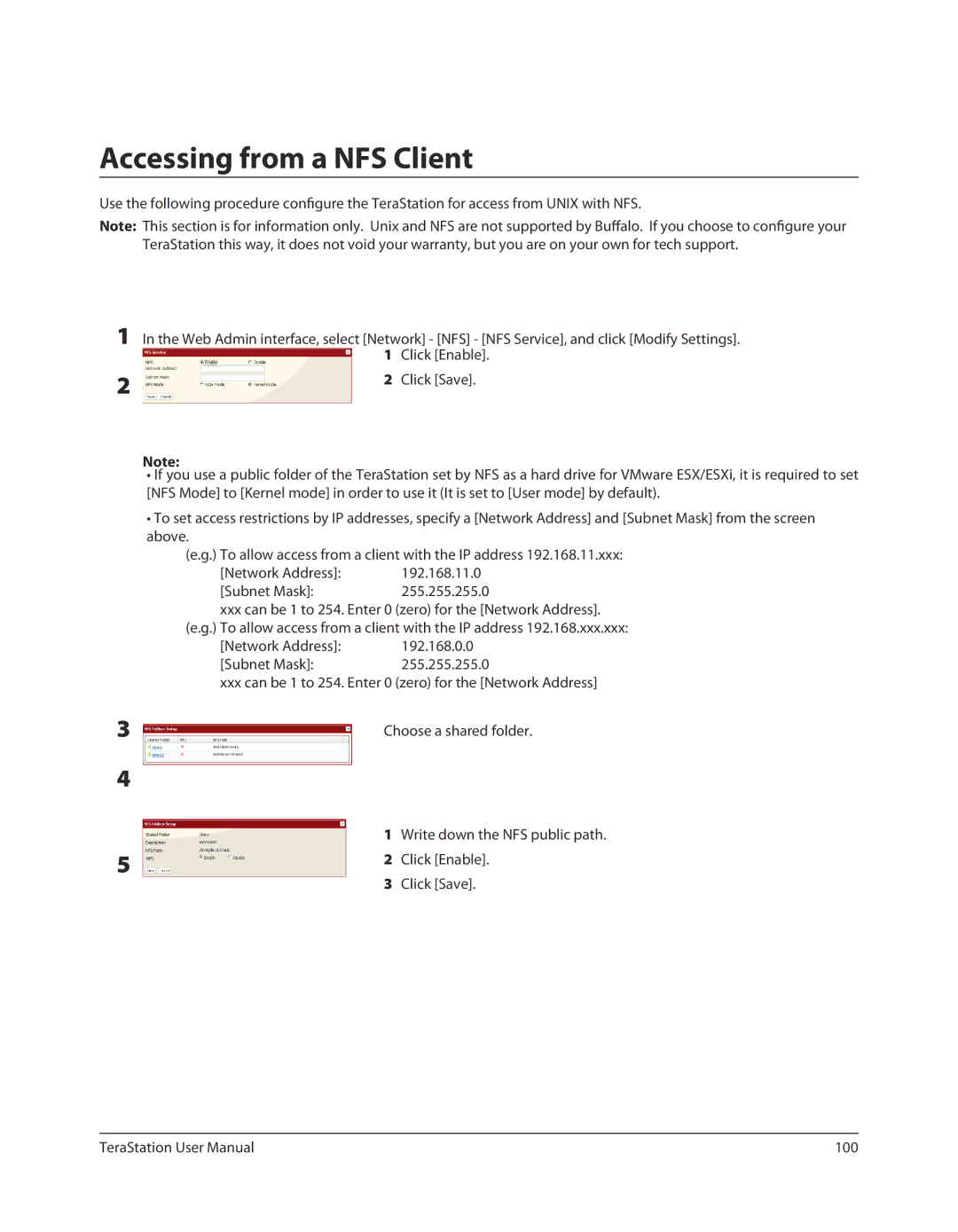 Buffalo Technology TS-RXL Accessing from a NFS Client, Network Address 192.168.0.0 Subnet Mask 255.255.255.0, 100 