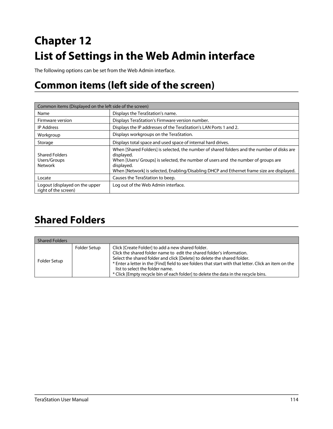 Buffalo Technology TS-RXL Chapter List of Settings in the Web Admin interface, Common items left side of the screen, 114 