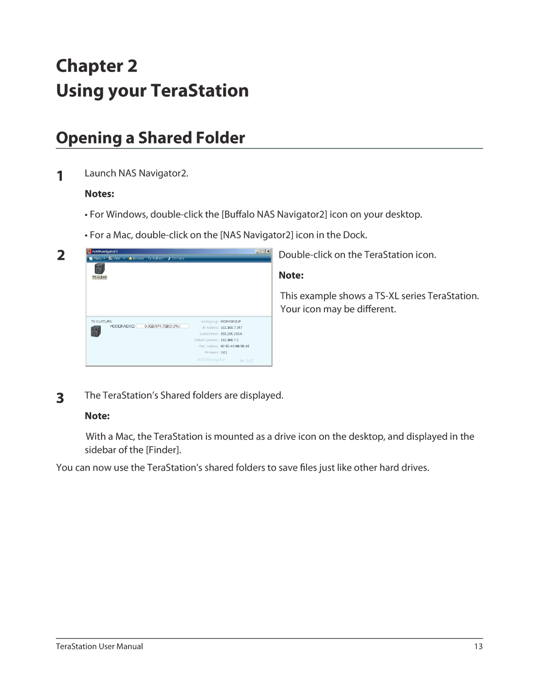 Buffalo Technology TSXE80TLR5, TS-RXL user manual Chapter Using your TeraStation, Opening a Shared Folder 