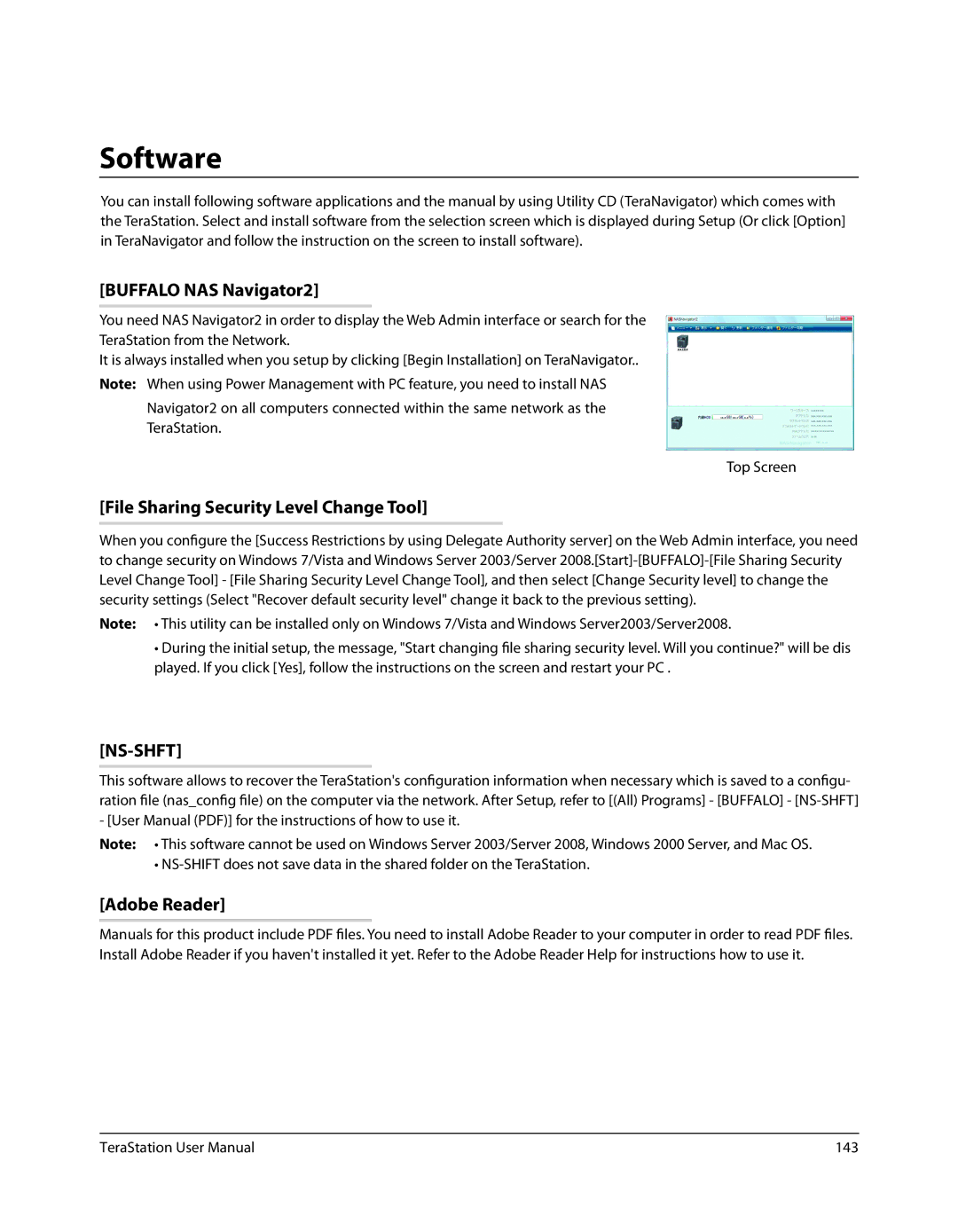 Buffalo Technology TSXE80TLR5 Software, Buffalo NAS Navigator2, File Sharing Security Level Change Tool, Adobe Reader, 143 