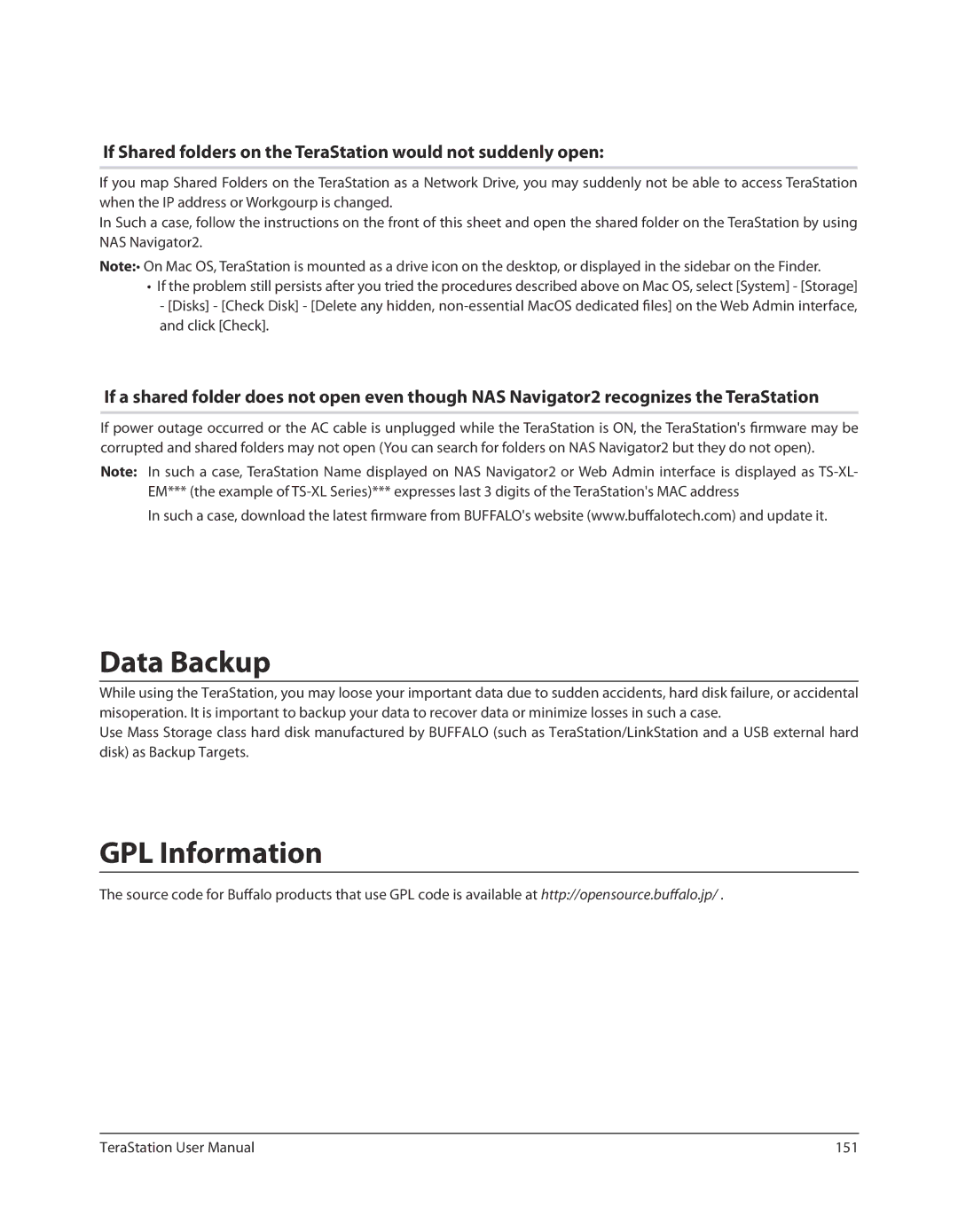 Buffalo Technology TSXE80TLR5, TS-RXL user manual Data Backup, GPL Information 