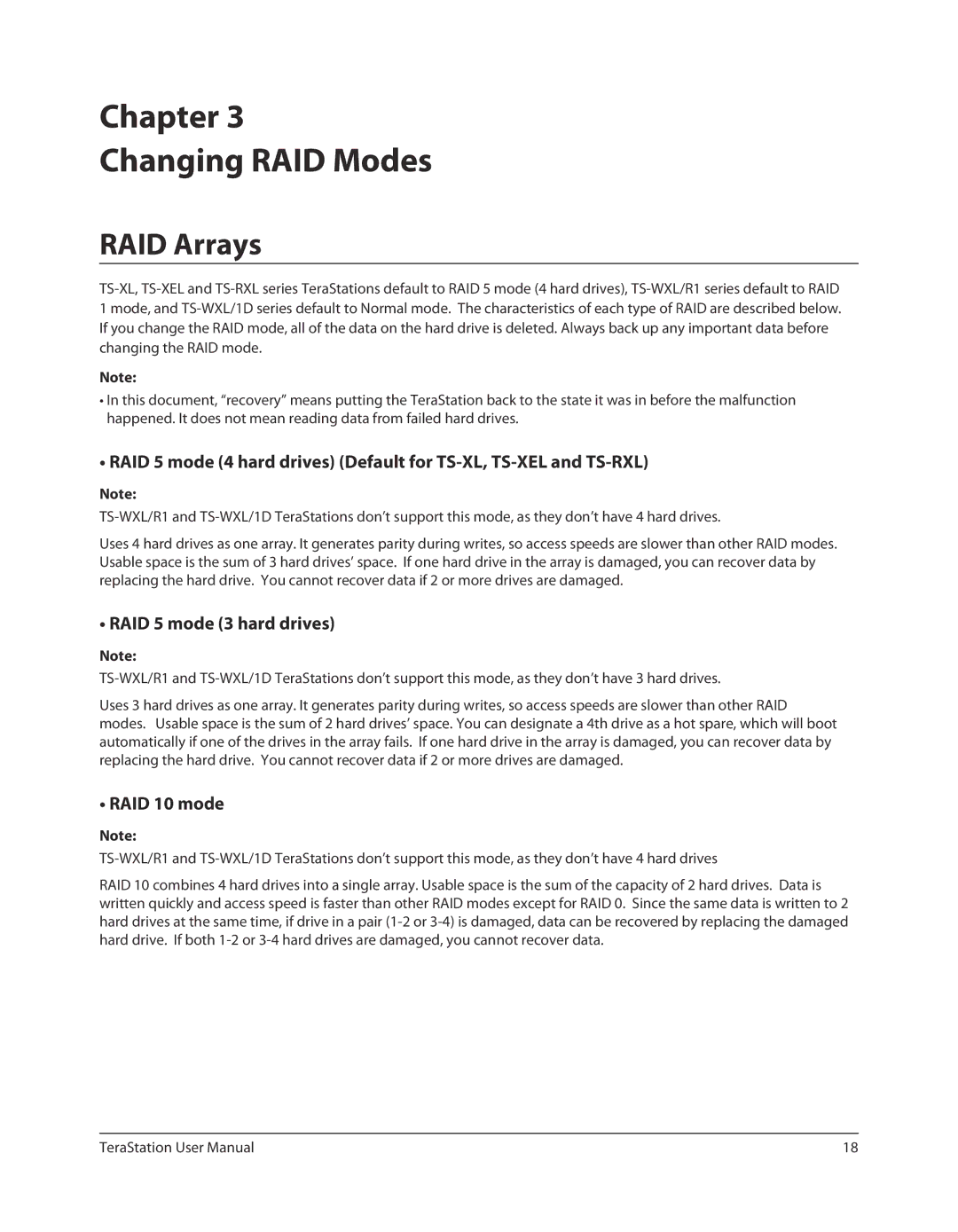 Buffalo Technology TS-RXL, TSXE80TLR5 Chapter Changing RAID Modes, RAID Arrays, RAID 5 mode 3 hard drives, RAID 10 mode 