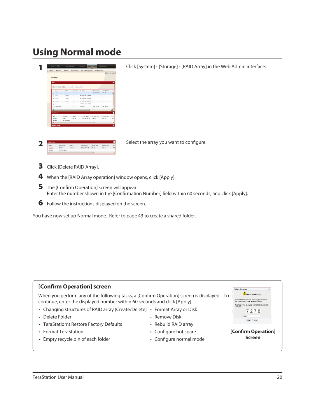 Buffalo Technology TS-RXL Using Normal mode, Confirm Operation screen, Format Array or Disk, Confirm Operation Screen 