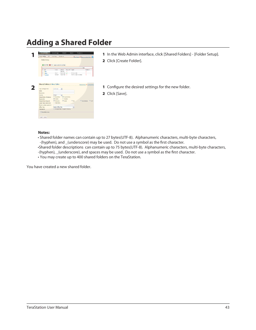 Buffalo Technology TSXE80TLR5, TS-RXL user manual Adding a Shared Folder, Click Create Folder, Click Save 