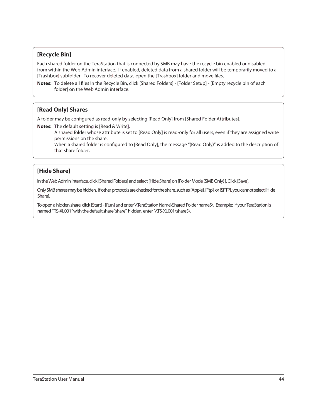 Buffalo Technology TS-RXL, TSXE80TLR5 user manual Recycle Bin, Read Only Shares, Hide Share 