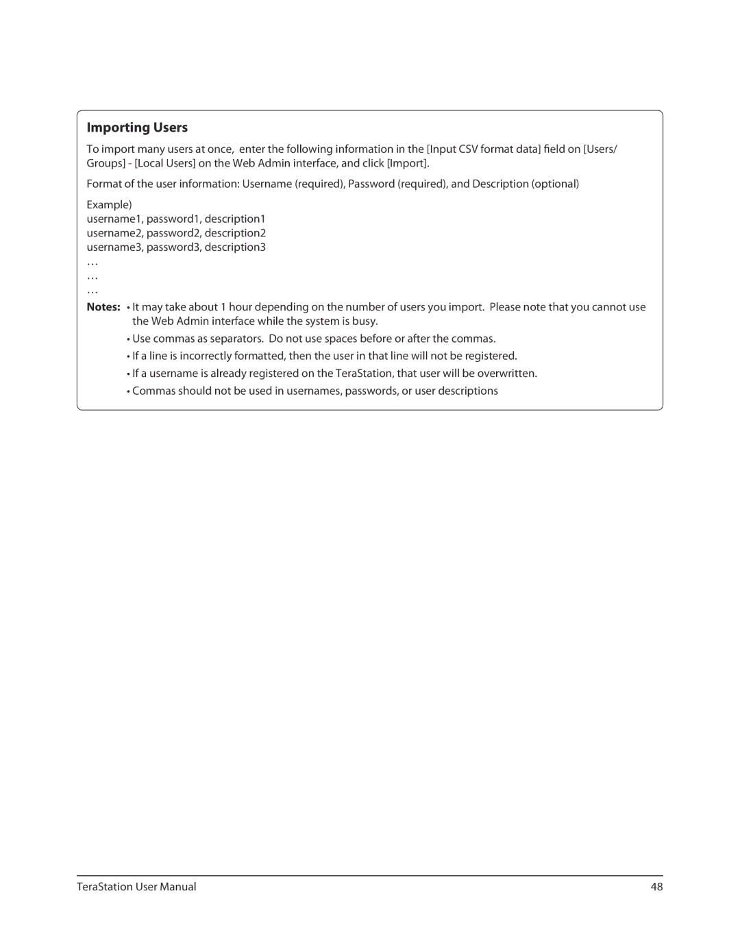 Buffalo Technology TS-RXL, TSXE80TLR5 user manual Importing Users 