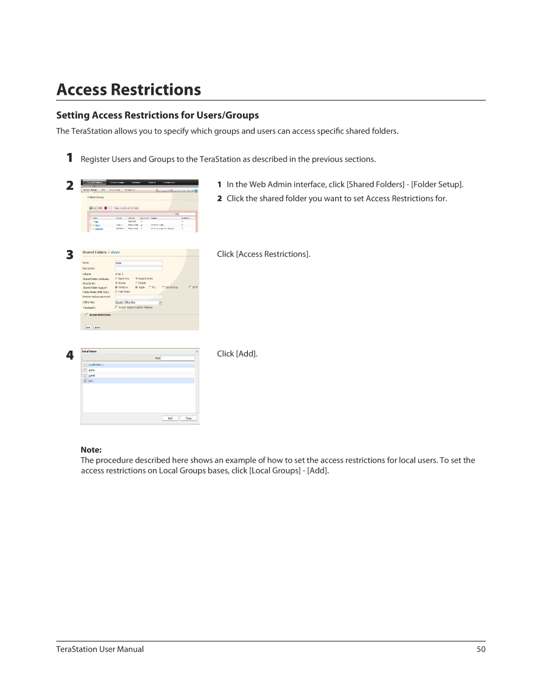 Buffalo Technology TS-RXL, TSXE80TLR5 user manual Setting Access Restrictions for Users/Groups, Click Add 