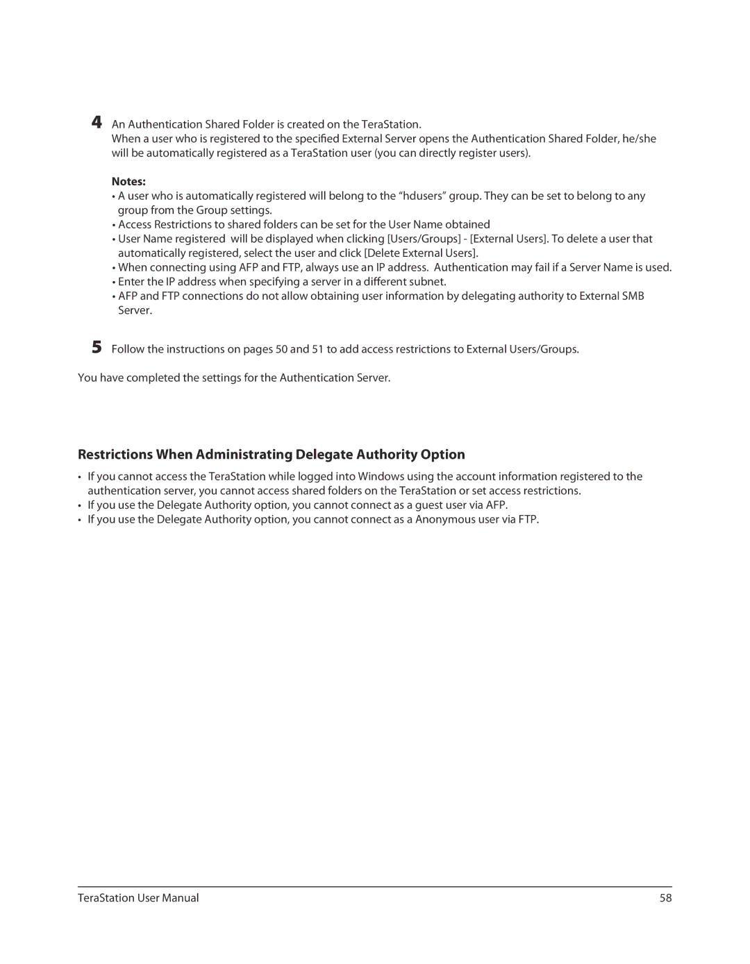 Buffalo Technology TS-RXL, TSXE80TLR5 user manual Restrictions When Administrating Delegate Authority Option 